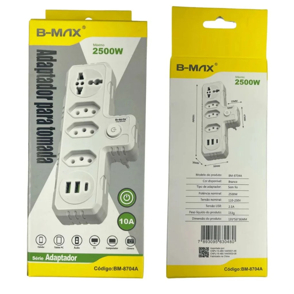 Embalagem do adaptador B-Max com tabela de especificações
