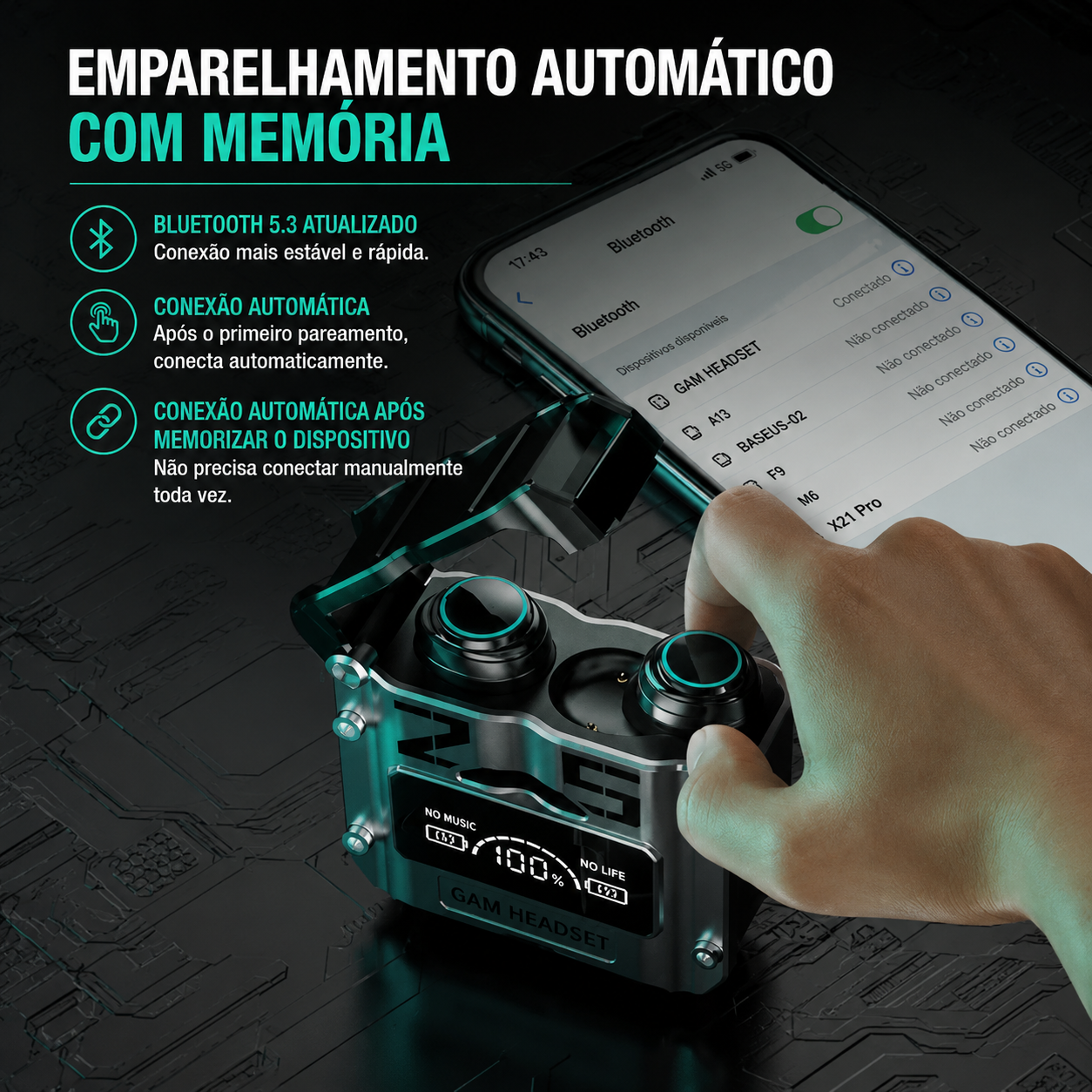 Bluetooth 5.3 com emparelhamento automático