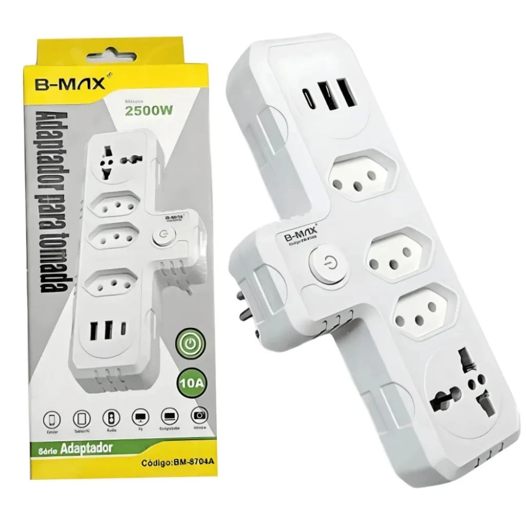 Adaptador Bivolt B-Max BM-8704A · 3 Tomadas + Universal + 2 USB + USB-C