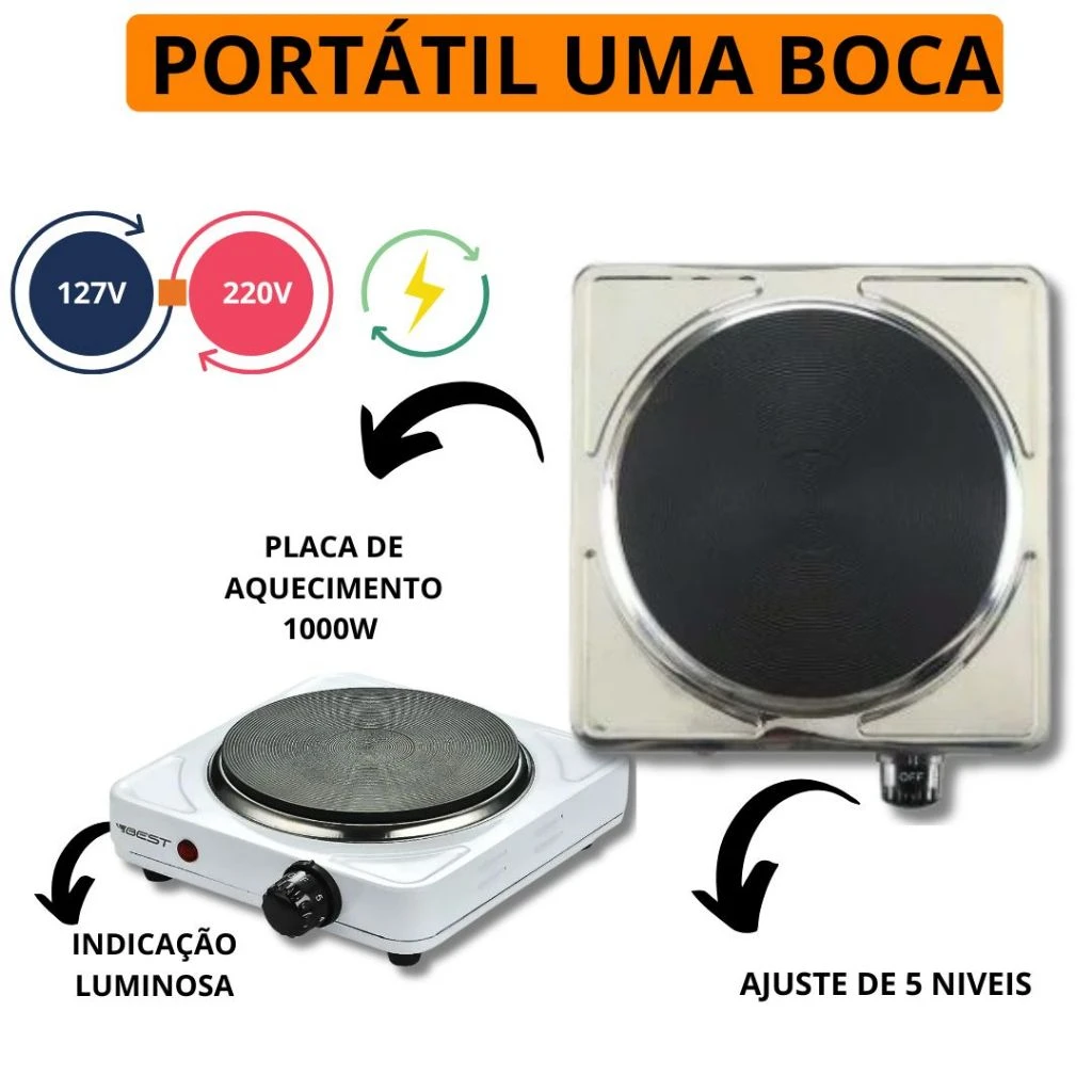 Fogareiro portátil bivolt 127V 220V com placa de aquecimento 1000W
