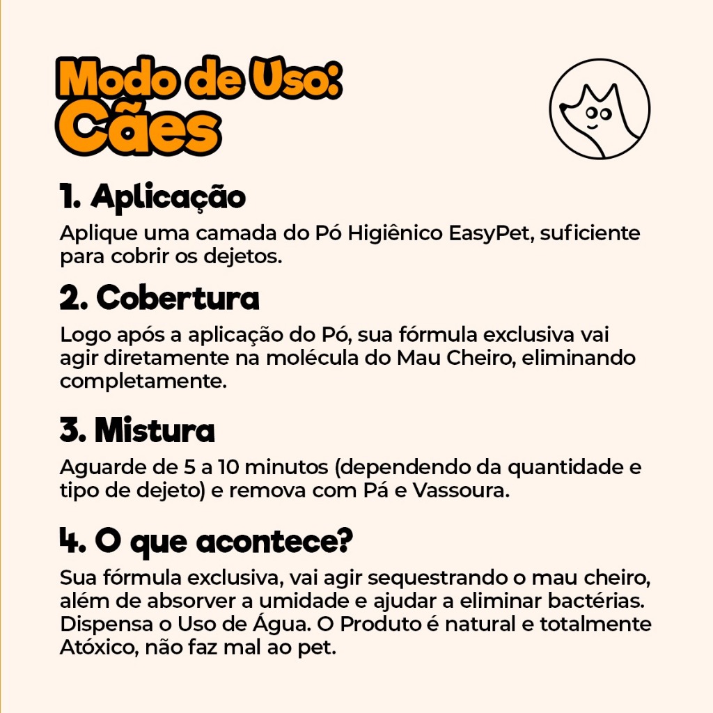 Modo de uso do Pó Higiênico Easy Pet para cães em 4 passos