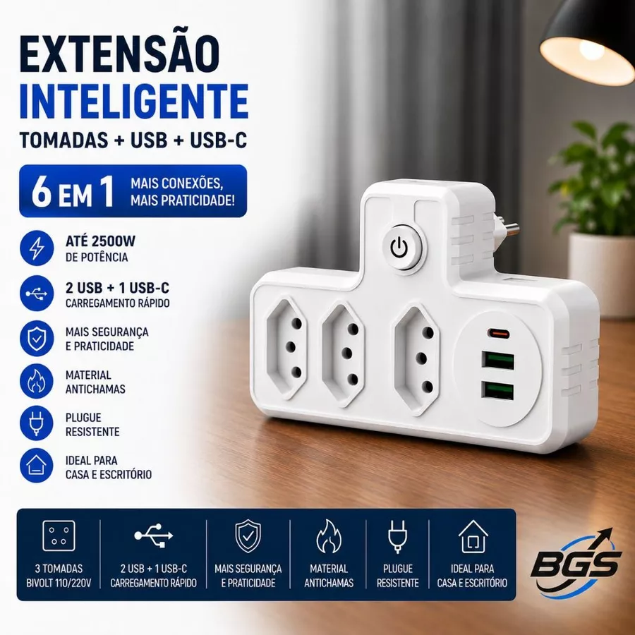 Extensão inteligente 6 em 1 com até 2500W e material antichamas