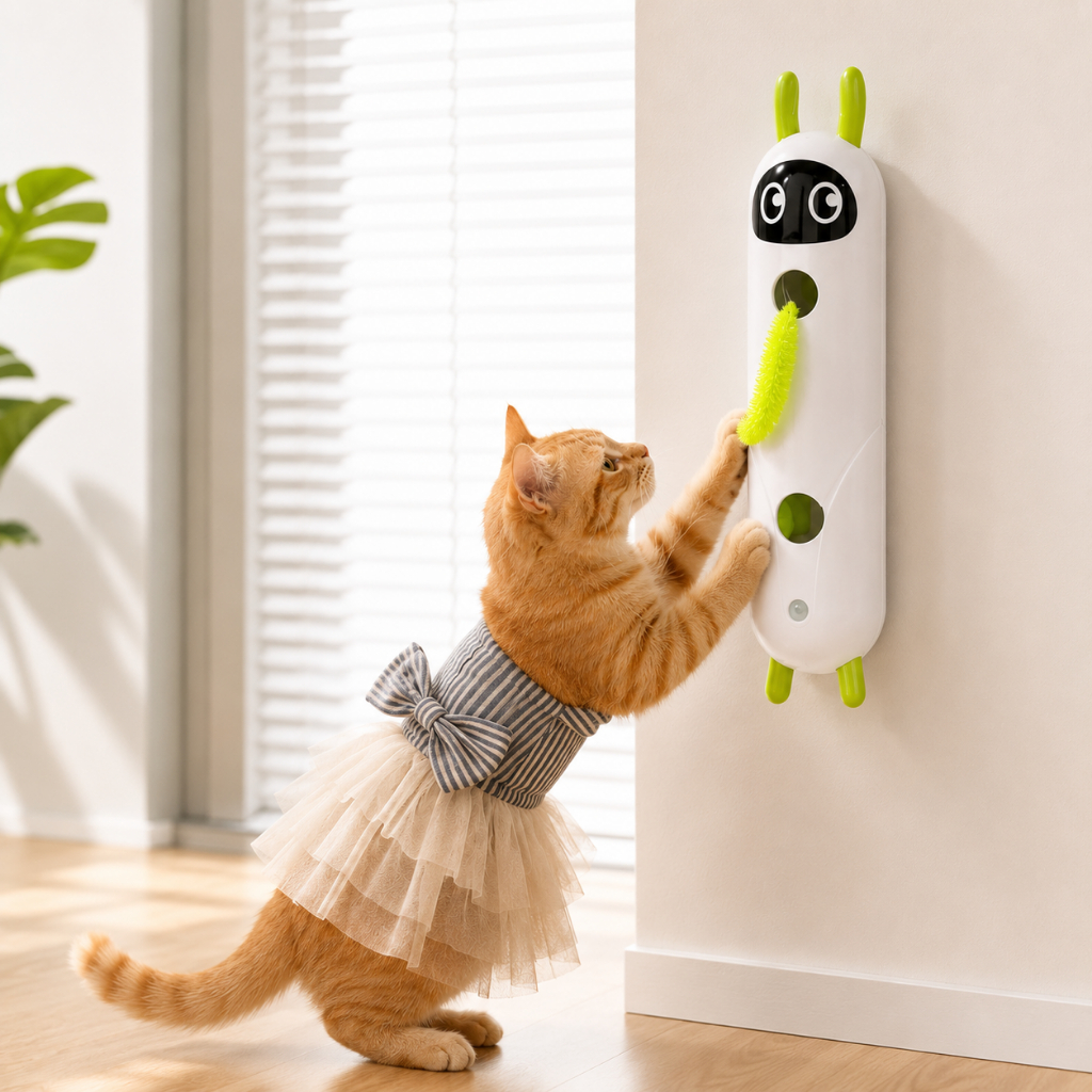 Gata brincando em pé com o brinquedo de parede com varinha retrátil