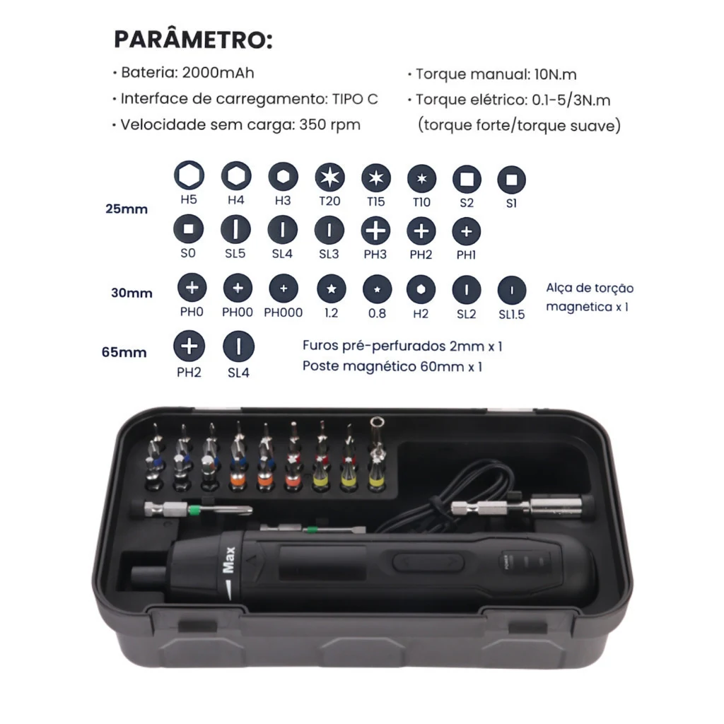 Especificações técnicas: bateria 2000mAh, carga USB-C e torque ajustável