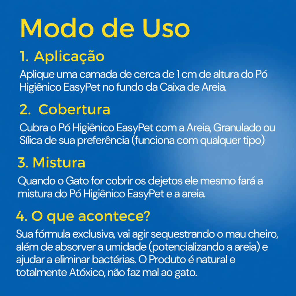 Modo de uso do Pó Higiênico Easy Pet para gatos em 4 passos