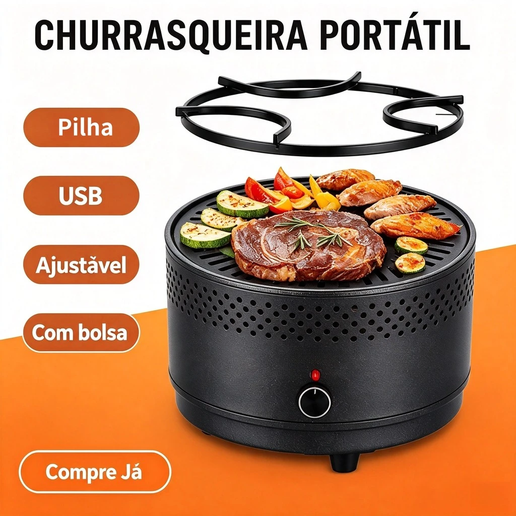 Churrasqueira portátil com pilha, USB, ajuste e bolsa de transporte