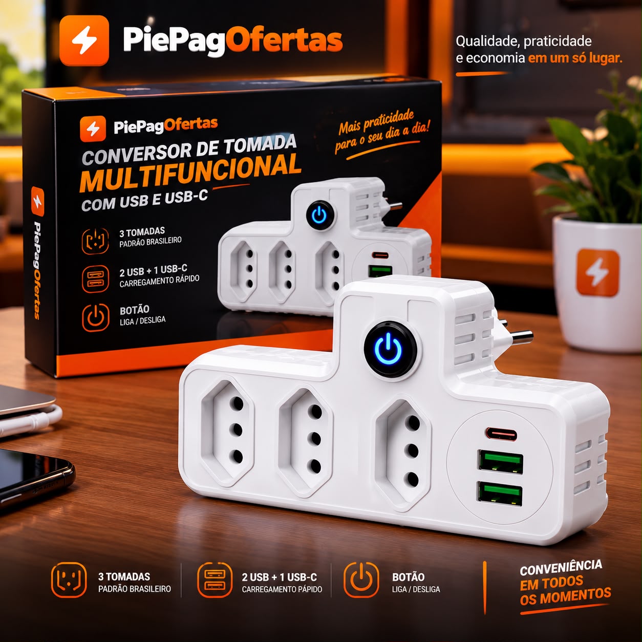 Adaptador 6 em 1 branco com 3 tomadas, 2 USB, USB-C e botão liga e desliga