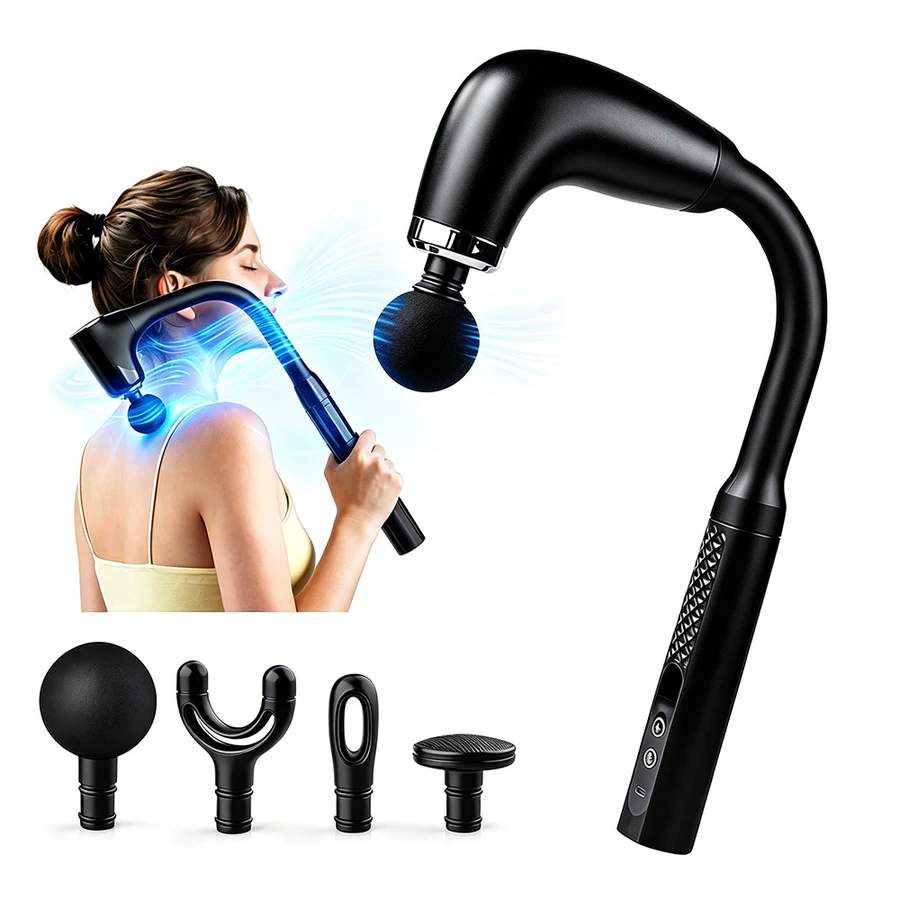 Massageador Elétrico Curvo Portátil · 6 Níveis + 4 Ponteiras