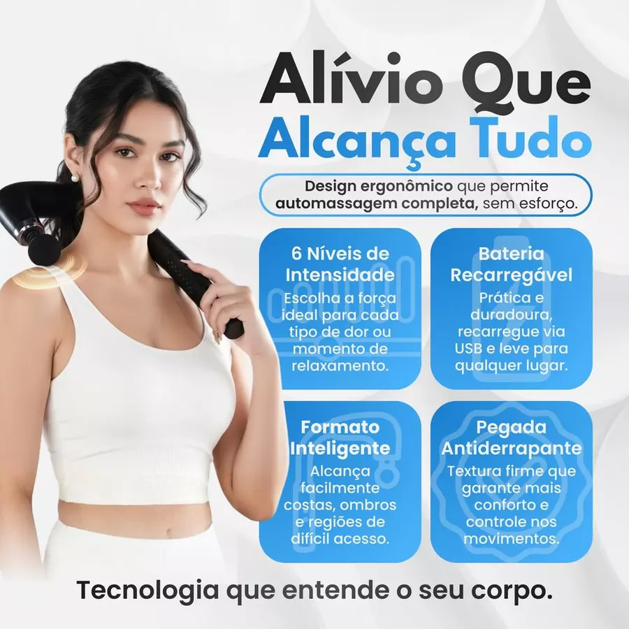 Mulher usando o massageador curvo no ombro sem esforço