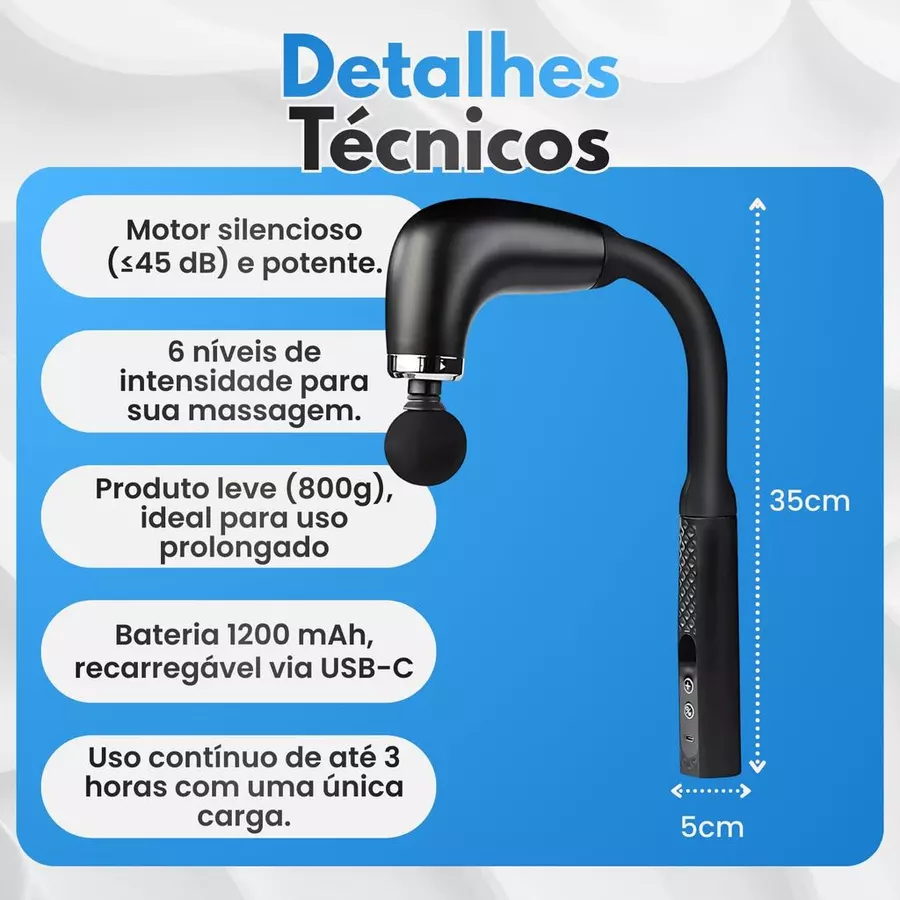 Detalhes técnicos: motor silencioso, 800g, bateria 1200mAh e 35cm de alcance
