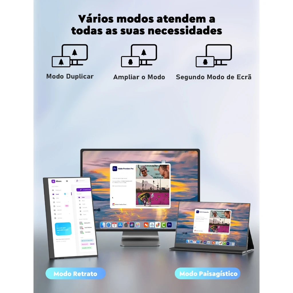 Modos duplicar, ampliar e segunda tela, em retrato ou paisagem