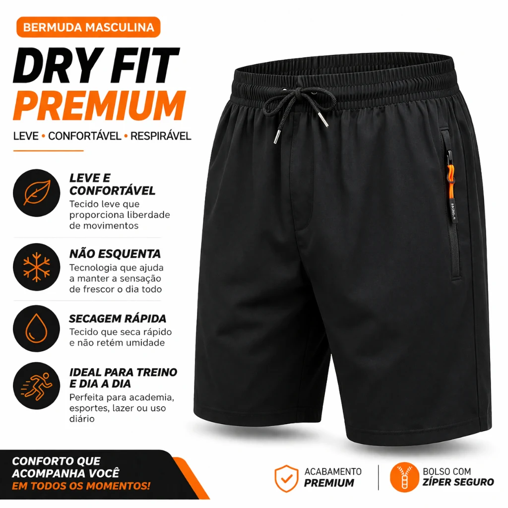 Kit 4 Bermudas Dry Fit Masculinas com Zíper · Academia, Treino e Dia a Dia
