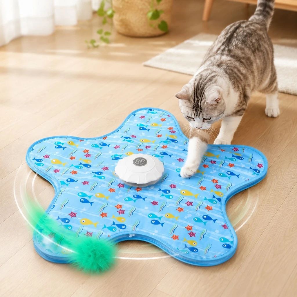 Gato brincando no tapete estrela com varinha de pelúcia escondida